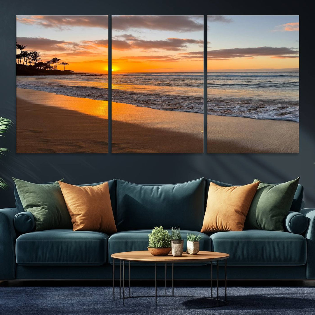 Sunset Wall Art Print featuring a beach sunset with waves and palms, perfect for coastal decor.