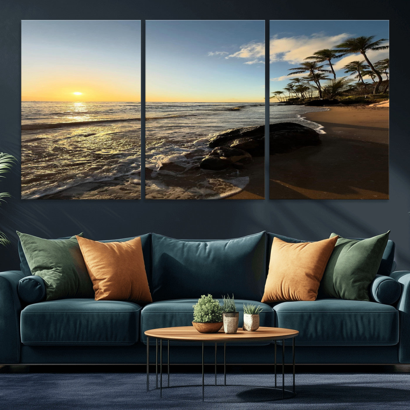 MGV-CV-60X30-3P - Tropical Beach Wall Art - Stunning Ocean Sunset Canvas Print with Palm Tree Design for Relaxing and