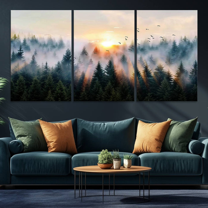 Sunrise over a misty forest with rays filtering through trees in the Abstract Forest Wall Art featuring soaring birds.