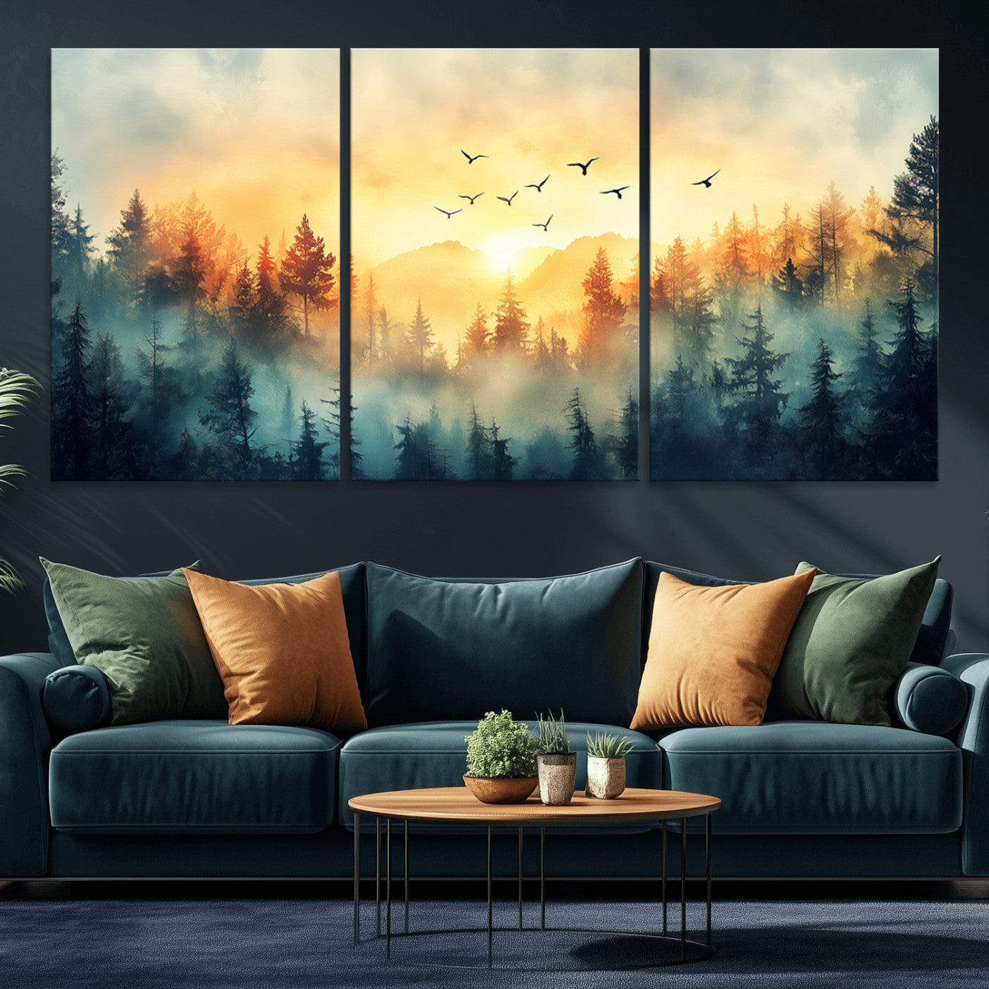 MGV-CV-60X30-3P - Abstract Forest Wall Art Print- Serene Nature Canvas Print with Misty Forest Design for Modern Home