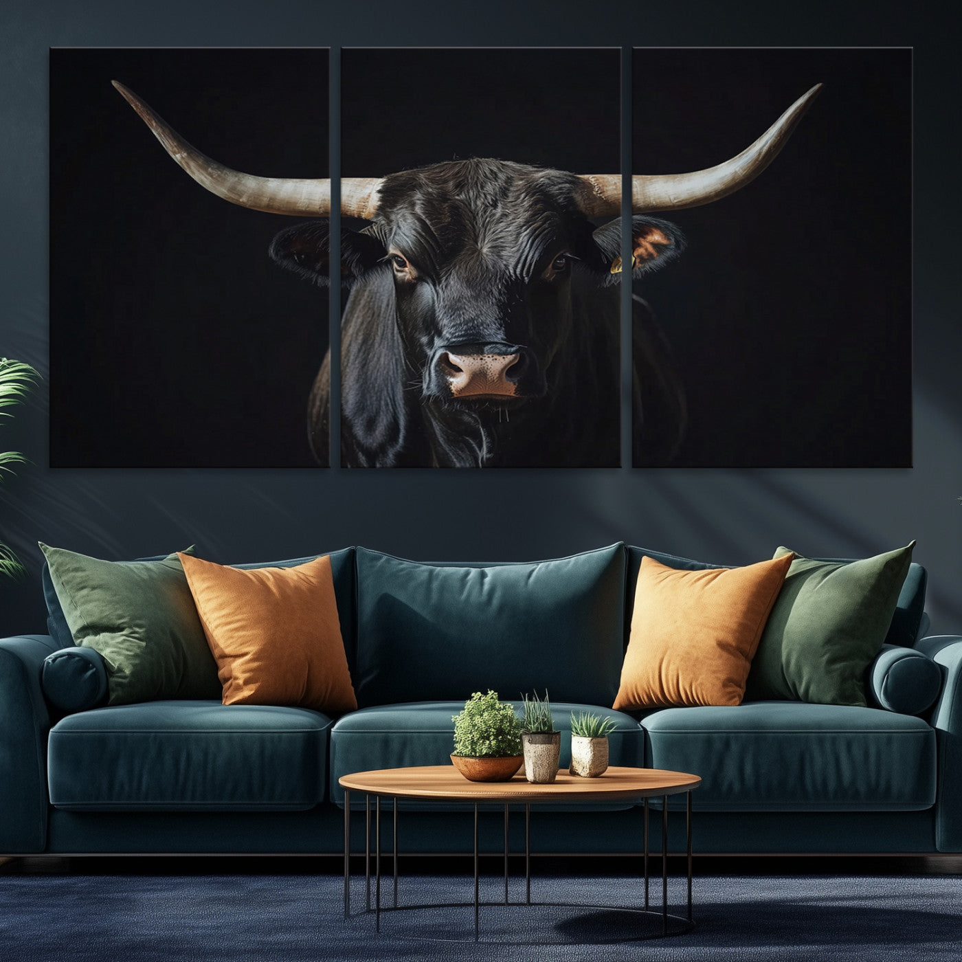 Canvas of a black longhorn bull against a dark background, featuring moody tones and western character for rustic or cowboy-inspired spaces.