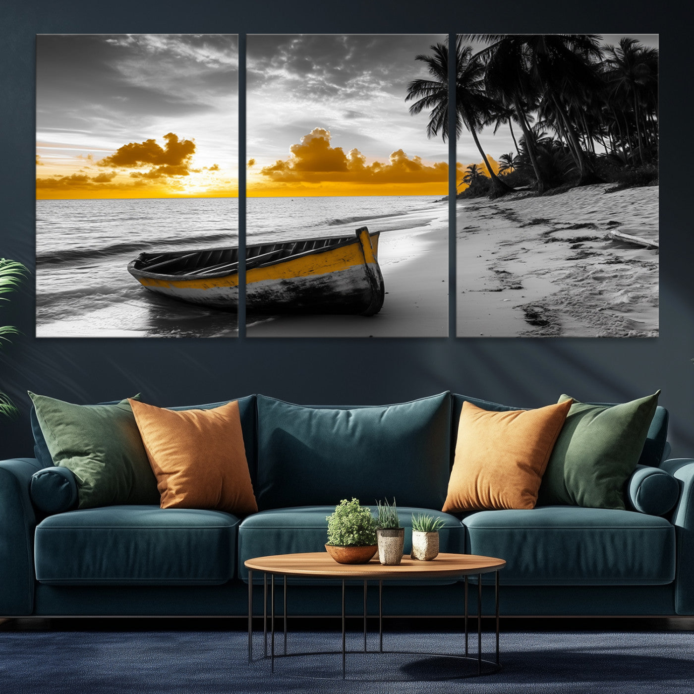 Canvas of a yellow rowboat on a black and white tropical beach with golden sunset sky, ideal for coastal or tropical-themed home decor.
