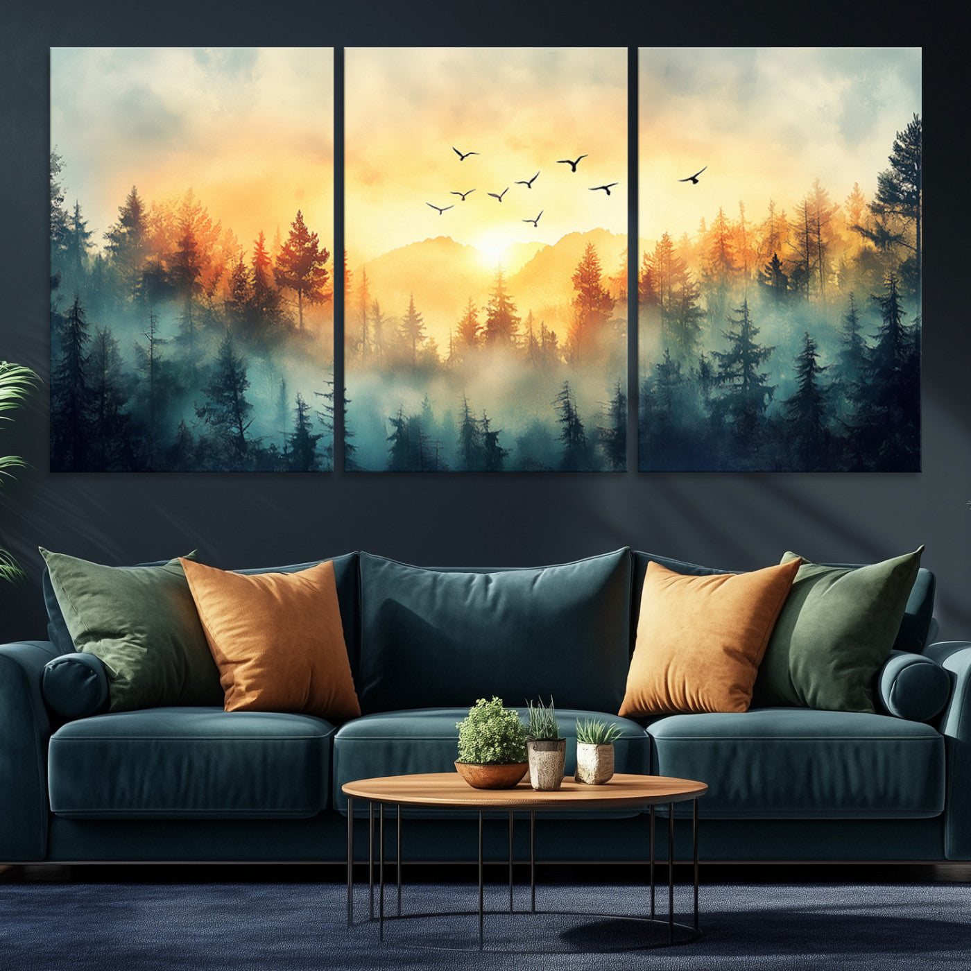 Canvas of a misty pine forest at sunrise with golden light and birds flying across the sky, perfect for tranquil nature-themed wall decor.