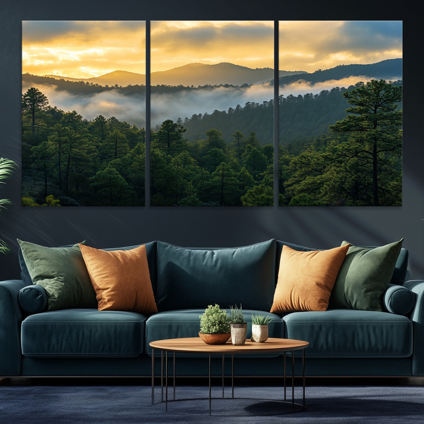 Canvas of misty pine-covered mountains at sunrise, featuring golden light and fog layers, ideal for tranquil earthy home decor.