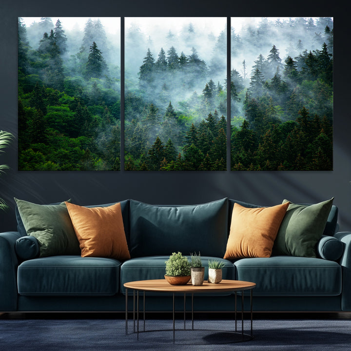 Misty Forest Art Wall Art Canvas Print, Foggy Mountain Art Print, Framed Scenic Wall Print Art Print, Large Woodland Canvas Printing Perfect for  Decor