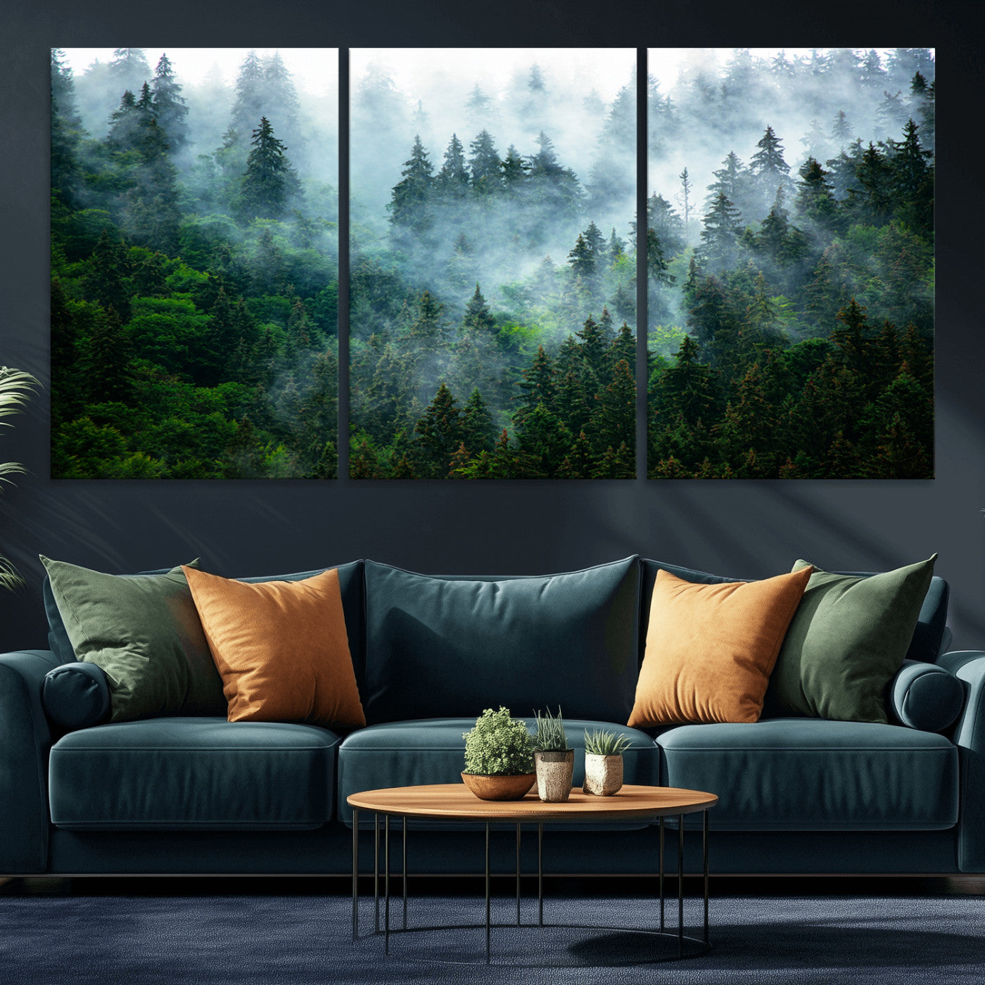 MGV-CV-60X30-3P - Misty Forest Art Wall Art Canvas Print, Framed Foggy Mountain Art Art Picture Print, Scenic Wall