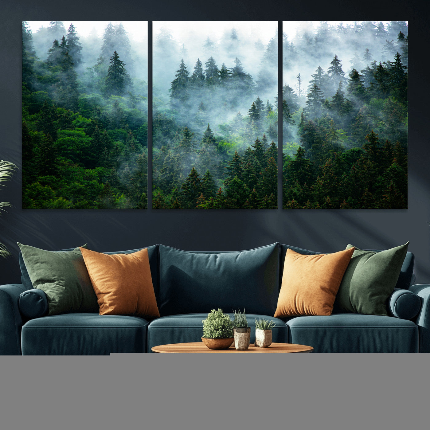 MGV-CV-60X30-3P - Misty Forest Art Wall Art Canvas Print, Framed Foggy Mountain Art Art Picture Print, Scenic Wall
