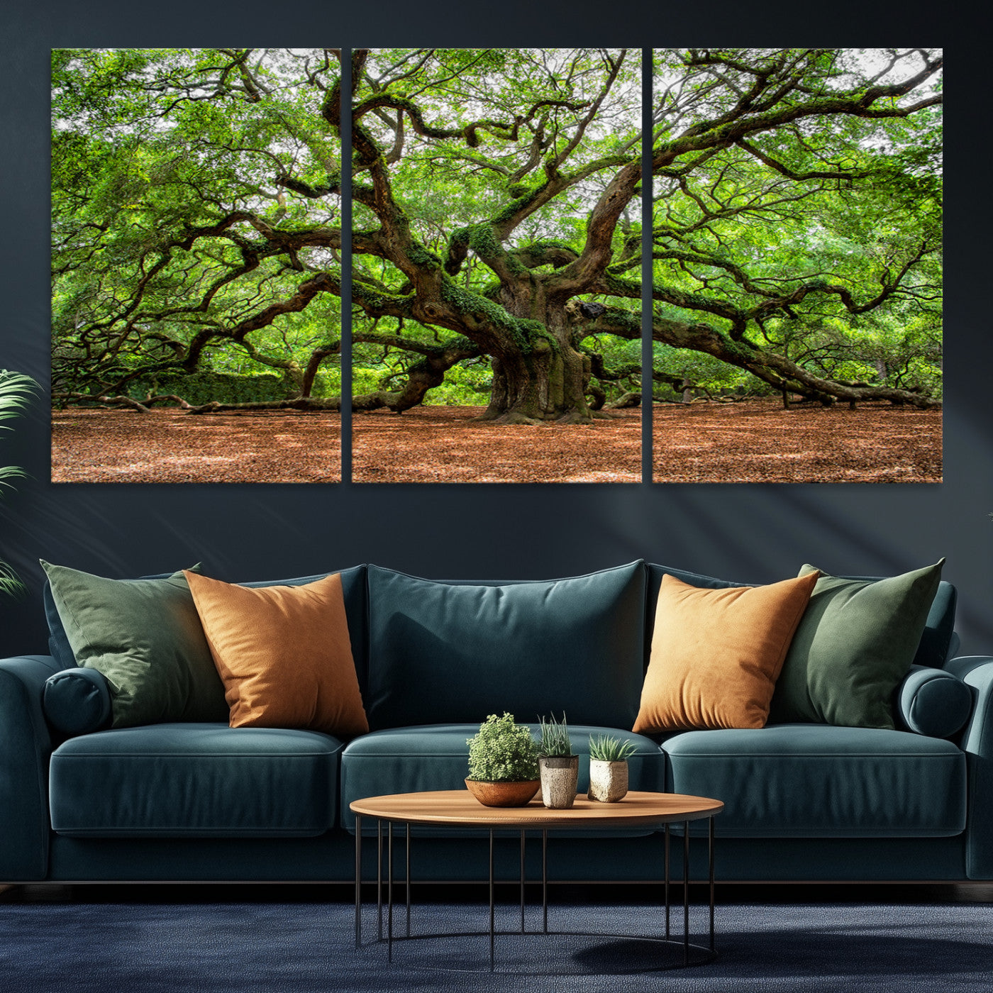A majestic, ancient tree with expansive, twisting branches spreading wide under a dense, vibrant green canopy in a serene forest clearing.