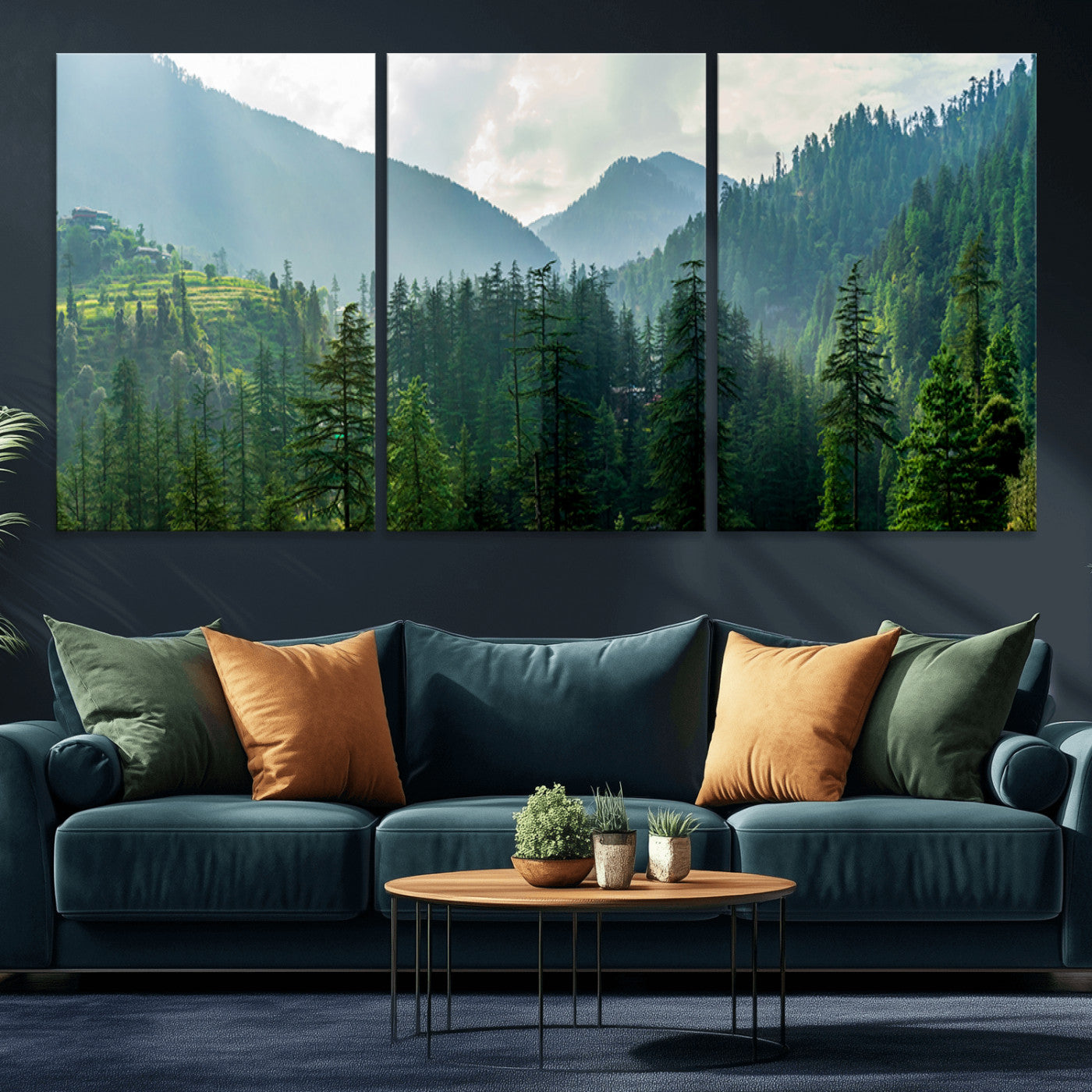 MGV-CV-60X30-3P - Misty Forest Mountain Canvas Print – Serene Nature Wall Art, Tranquil Valley