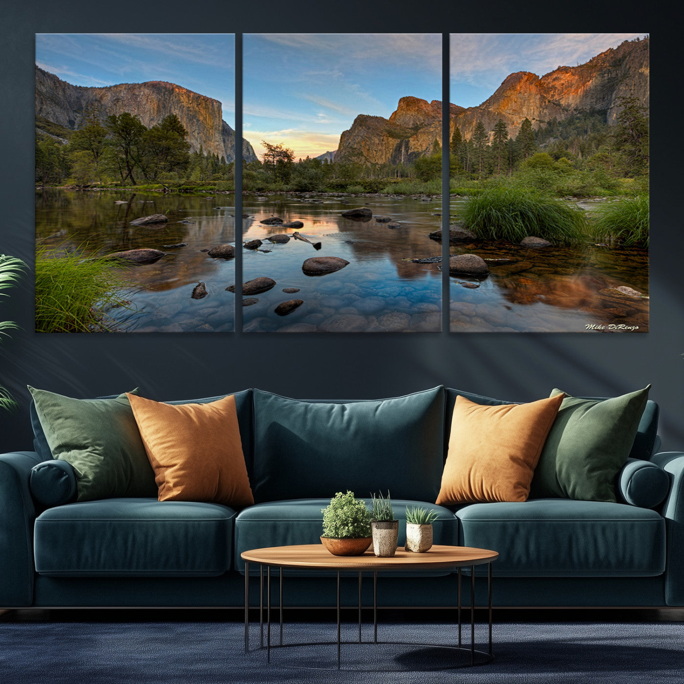 Canvas of Yosemite Valley with El Capitan and sunset reflections in a calm river, perfect for rustic or nature-themed décor.