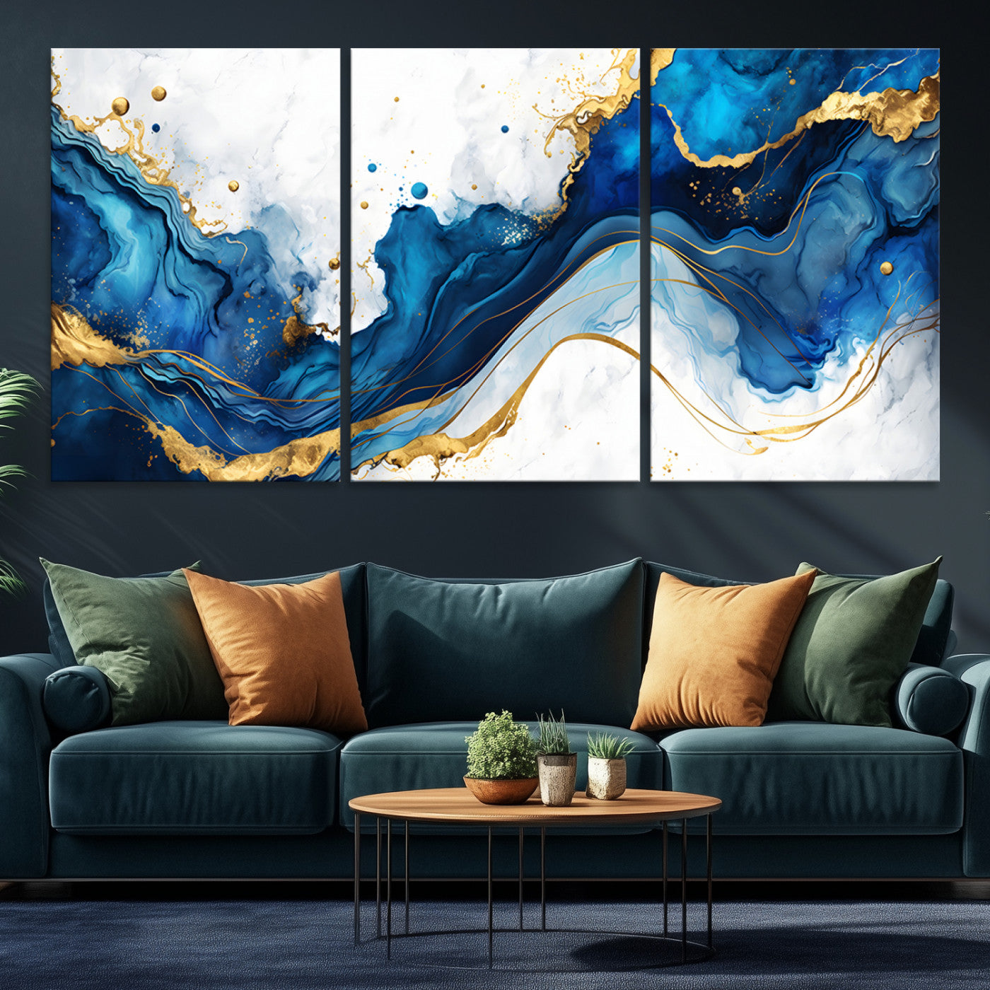 Elegant abstract canvas in cobalt blue and gold tones, featuring marble waves and fluid motion, ideal for luxe interior styling.
