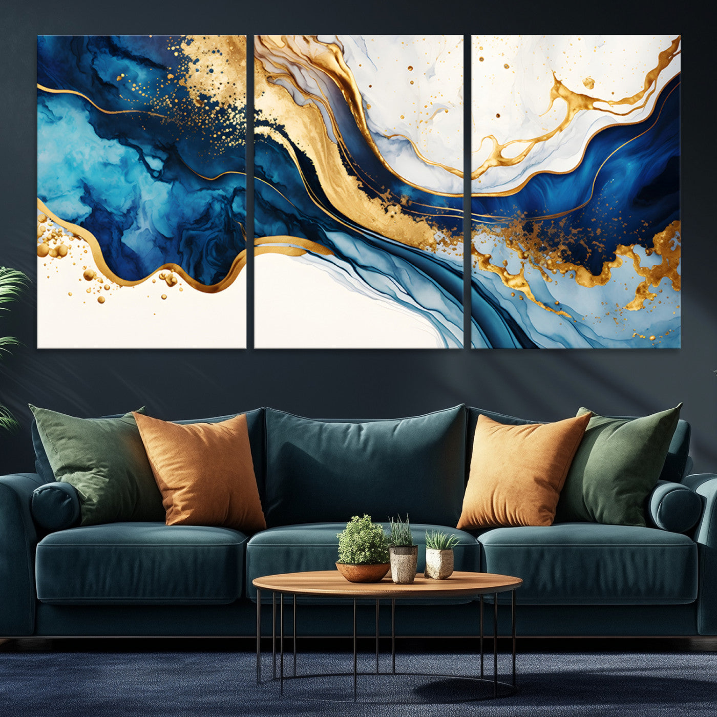 Canvas artwork with fluid blue and gold marbling, perfect for modern luxe or elegant abstract home decor styles.