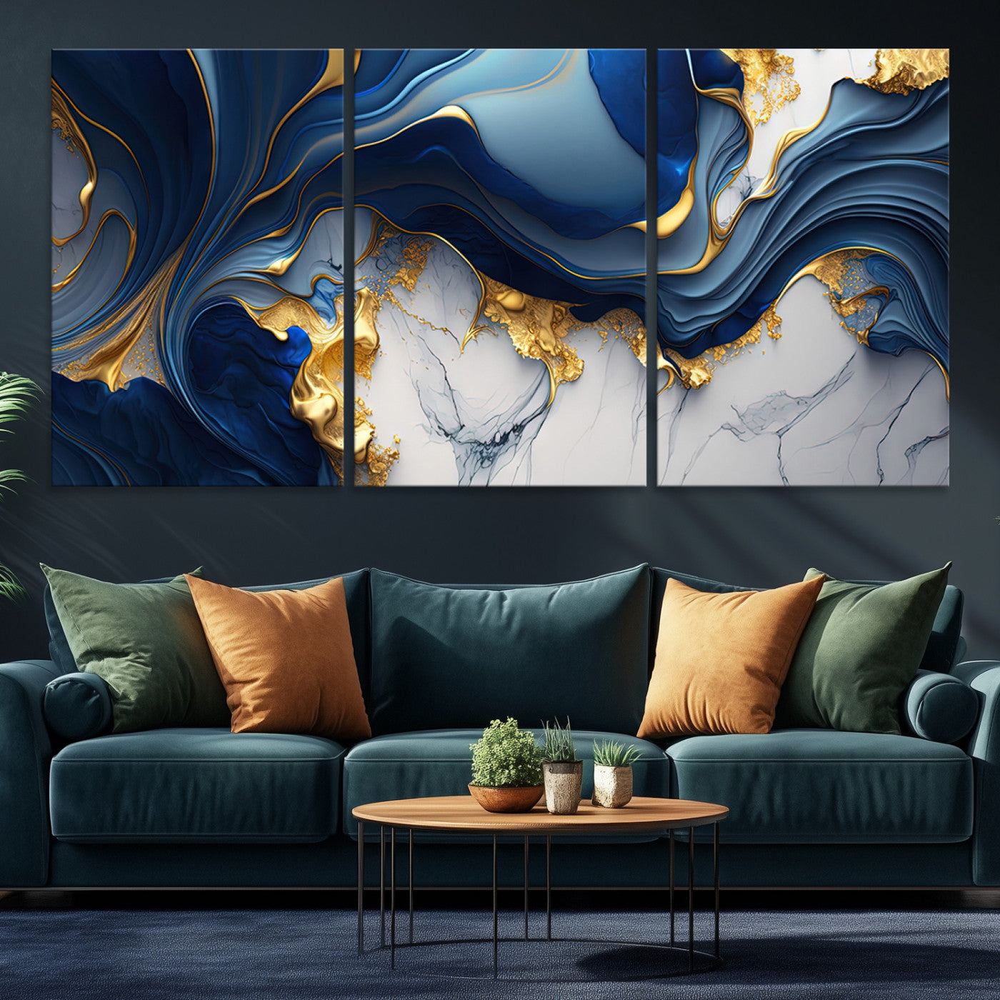 Canvas art with swirling blue marble and gold textures, ideal for elegant glam or modern luxury interior design settings.