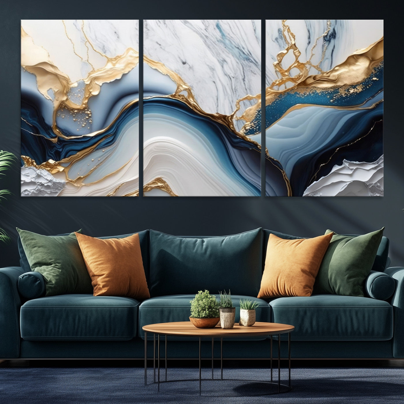 Abstract canvas with blue marble textures and flowing gold veins, ideal for modern luxury or coastal-inspired interior decor.