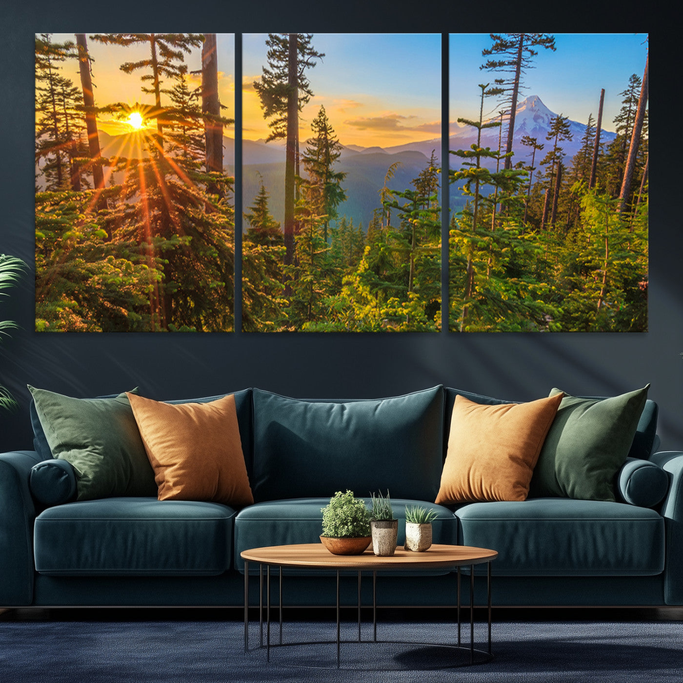 83544043-MGV-CV-36X24-Forest Sunset Wall Art Canvas Print, Framed Sunset Trees Art Picture Print, Green Pines Perfect Rustic Nature Decor