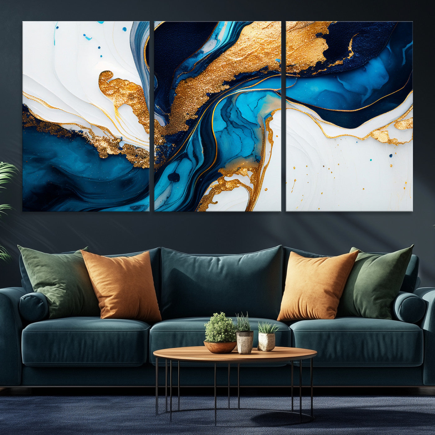 Luxurious abstract canvas in gold, navy, and teal tones with fluid marble patterns, perfect for modern glam or upscale interiors.