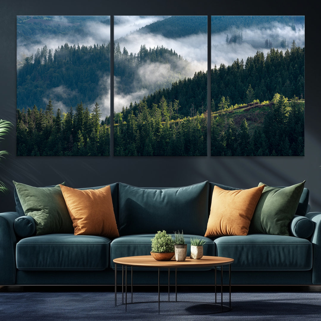 Moody canvas of misty pine forests over layered hills, perfect for cool-toned nature-inspired or woodland-style home decor.