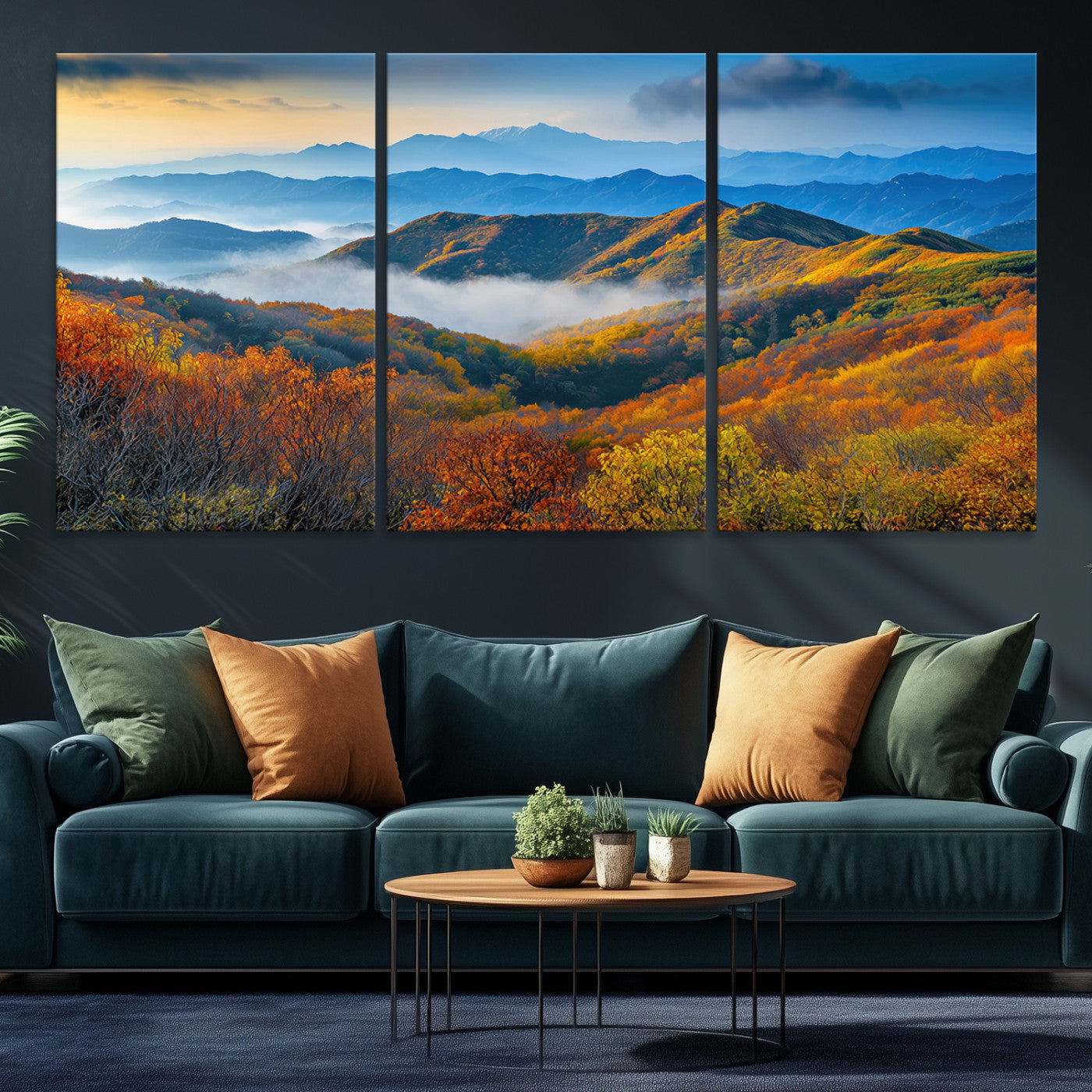 Vibrant canvas of autumn mountains with colorful trees, layered blue ridges, and soft morning fog, ideal for bright nature-themed decor.