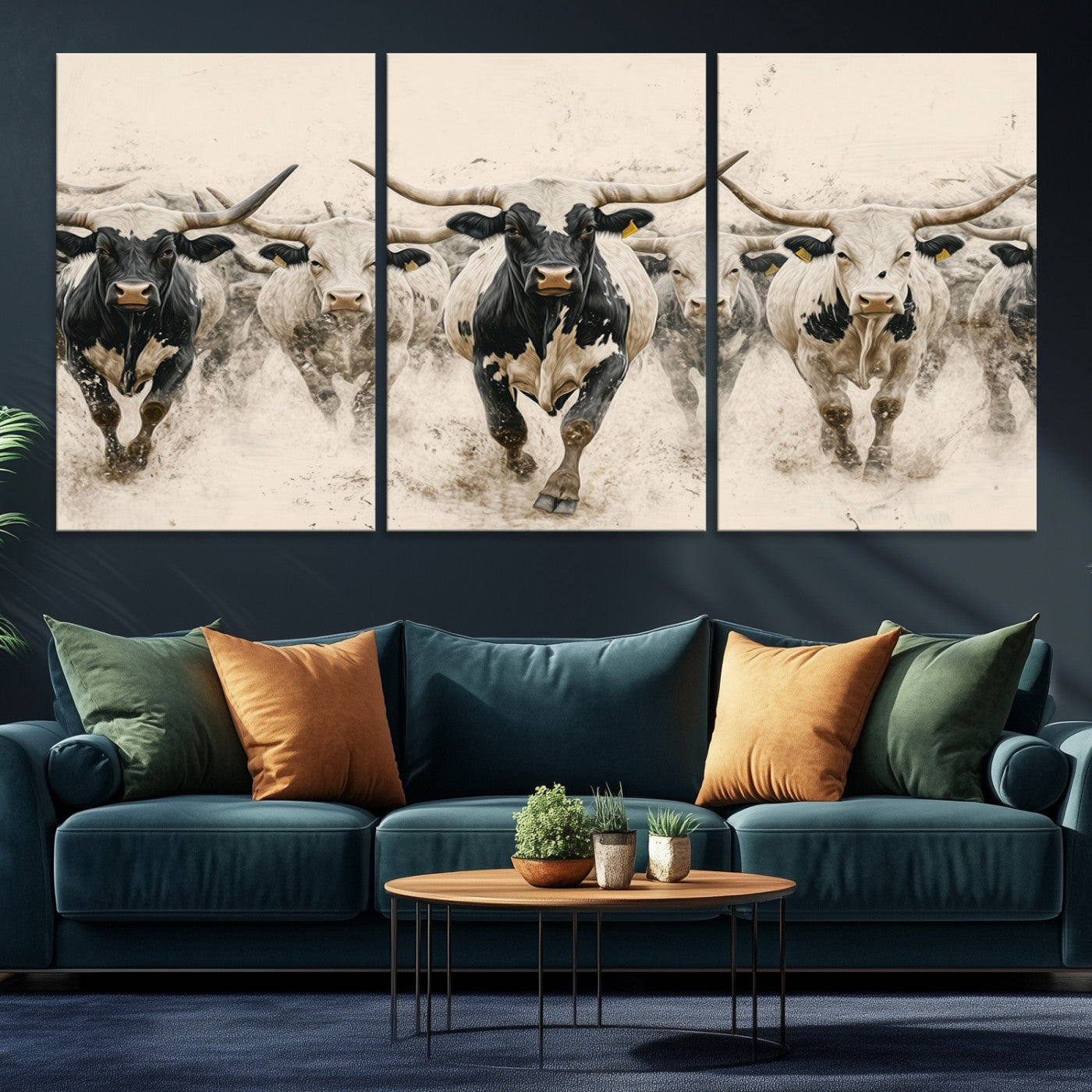 Canvas artwork of Texas Longhorn bulls walking in a dusty herd, ideal for rustic Western or country-style interior decor.