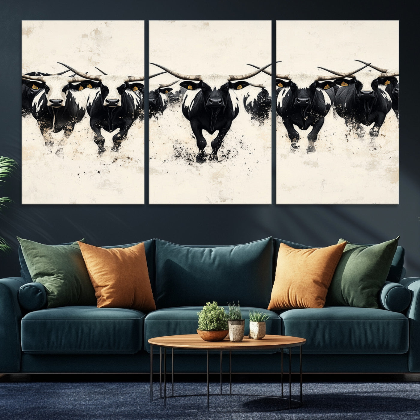 Canvas artwork of black and white Texas longhorns in a bold stampede over a minimalist background, ideal for rustic modern or Western-themed decor.