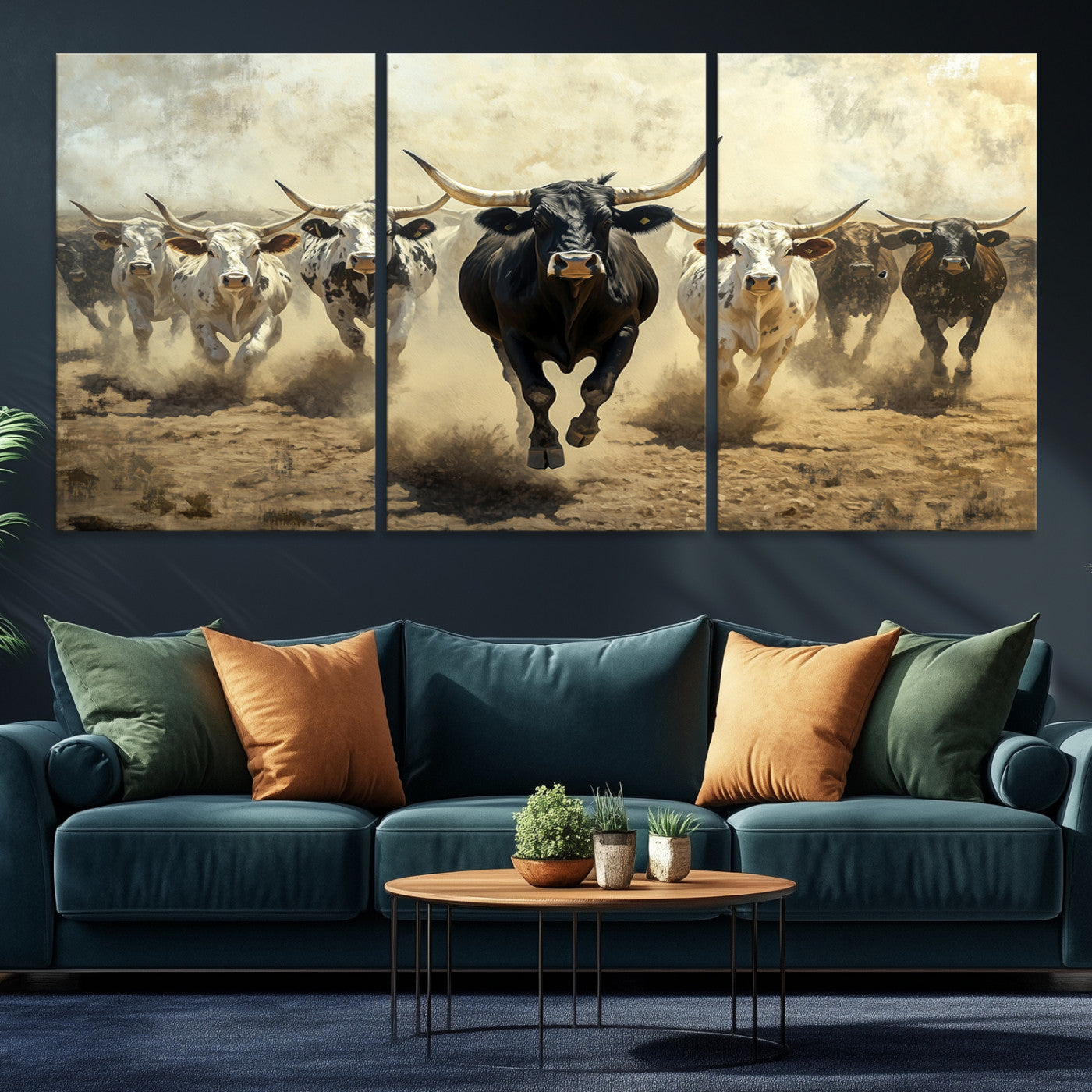 Dynamic canvas showing a Texas Longhorn stampede with earthy tones and bold movement, perfect for rustic or Western-style interiors.