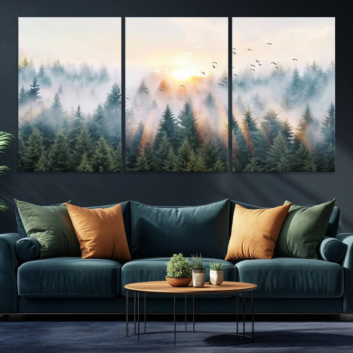 Misty Pine Forest Wall Art: A depiction of sunrise over foggy trees and birds against a bright sky; a framed woodland scene ideal for home or office decor.