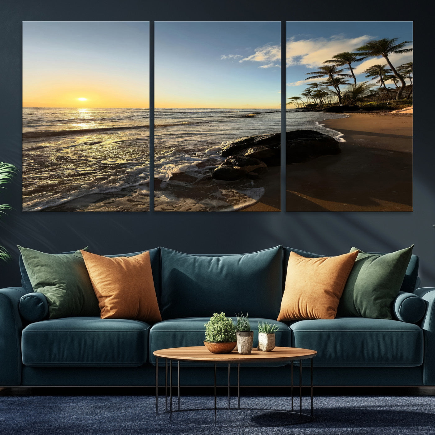 Canvas of a golden sunset on a tropical beach with palm trees and calm waves, perfect for coastal or island-themed home decor.