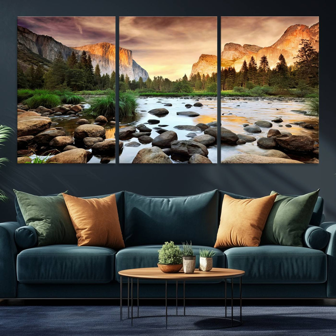 A tranquil riverside sunset mirrors the beauty of a Yosemite wall art masterpiece like the Large El Capitan Print.