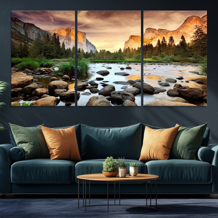 A tranquil riverside sunset mirrors the beauty of a Yosemite wall art masterpiece like the Large El Capitan Print.