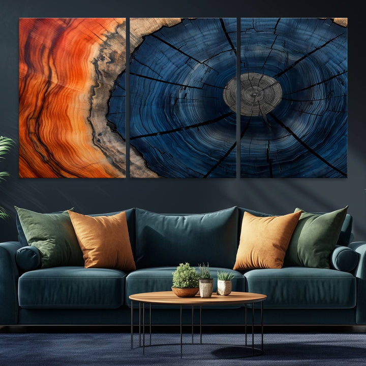 Abstract Tree Rings Canvas Print with vibrant colors—ideal farmhouse wall art for a woodland-themed home.