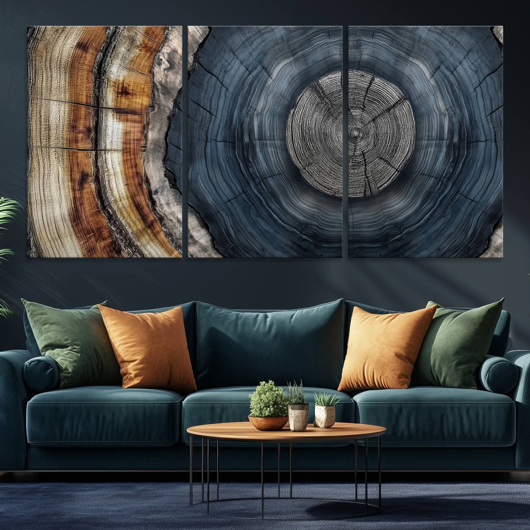 Close-up of the Abstract Tree Rings Wall Art Print featuring shades of blue, brown, and gray.