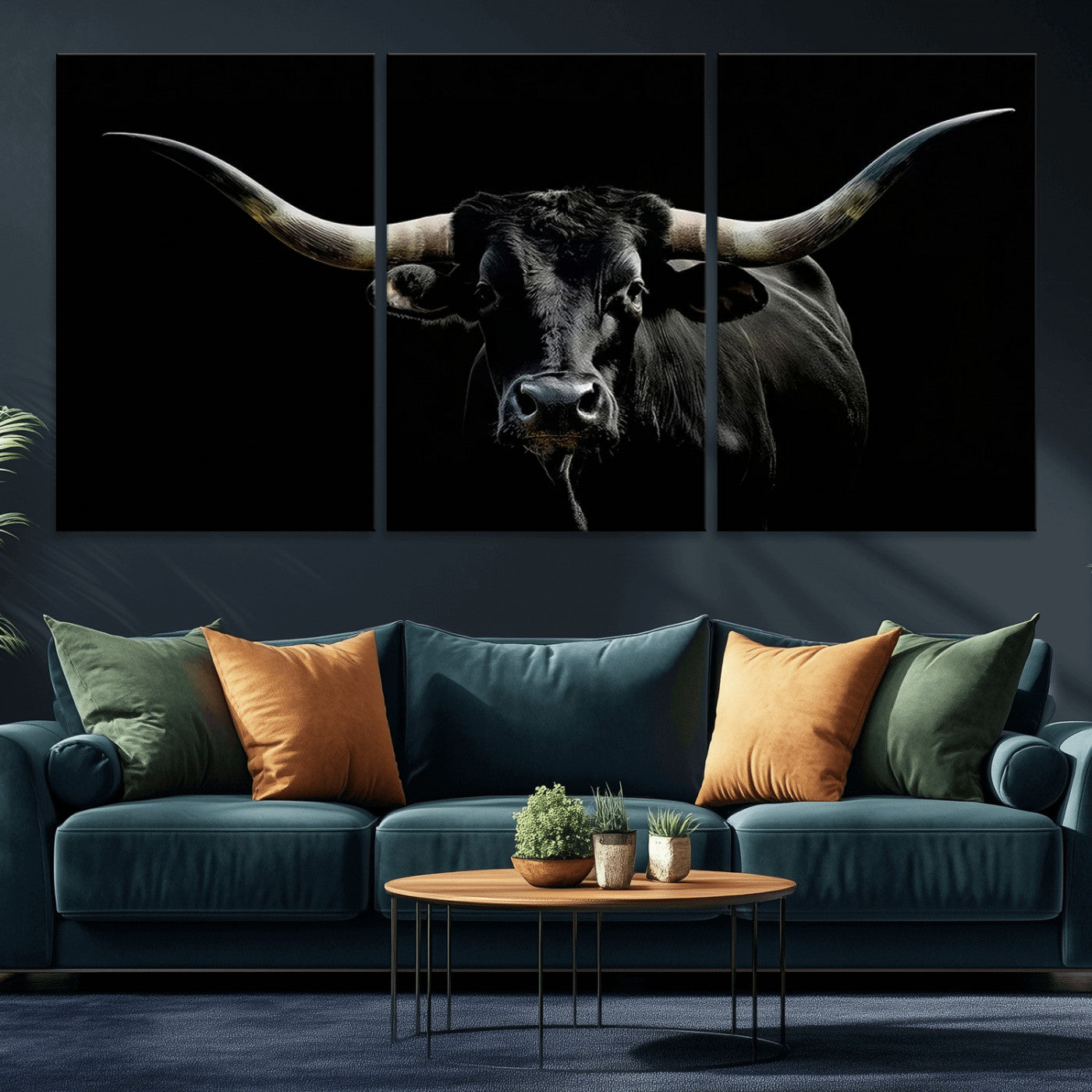 MGV-CV-60X30-3P - Texas Black Bull Wall Art Print, Longhorn Bull Canvas Wall Art