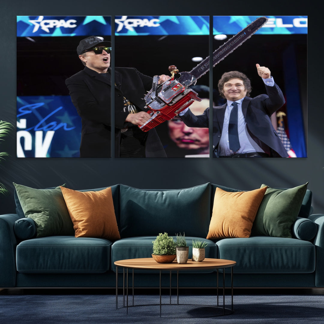 The wall art in the living room is an Elon Musk Chainsaw Art Print, depicting two men with chainsaws on stage in front of a vibrant crowd.