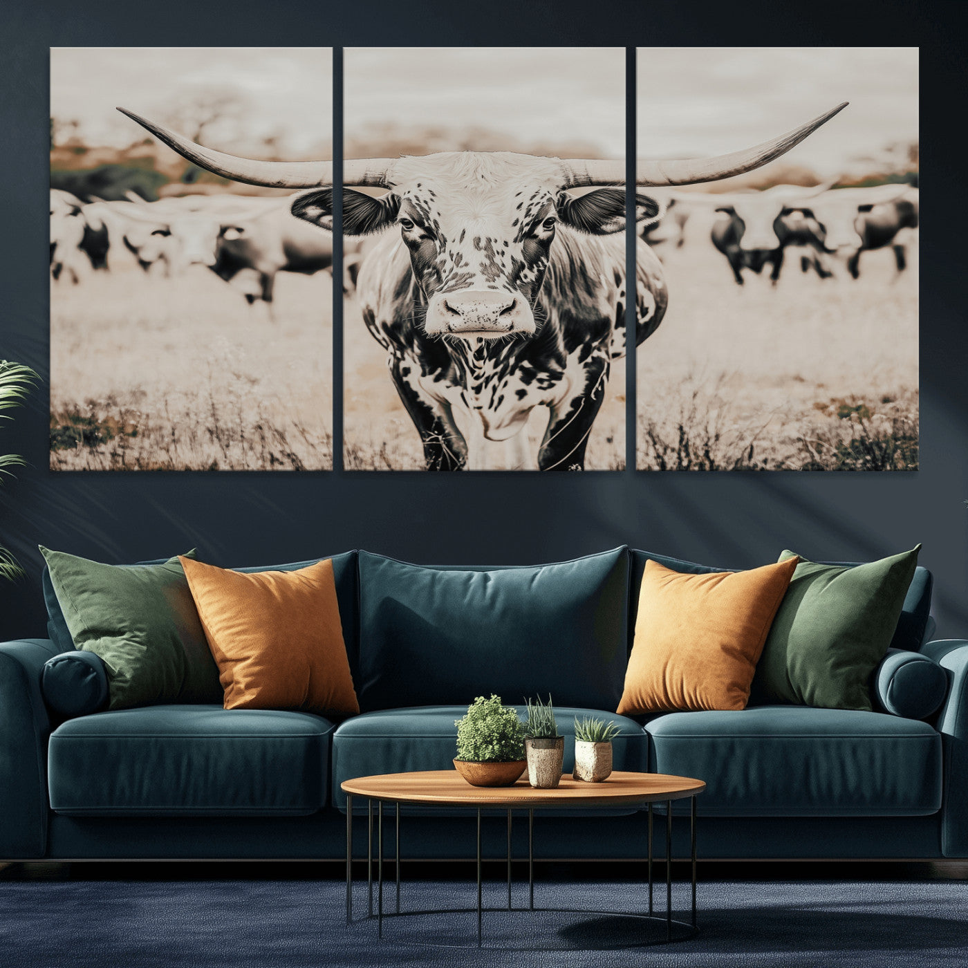 MGV-CV-60X30-3P - Texas Longhorn Wall Art Canvas Print, Framed Speckled Cow Art Picture Print, Horned Cattle Perfect Rustic Western Decor Artwork