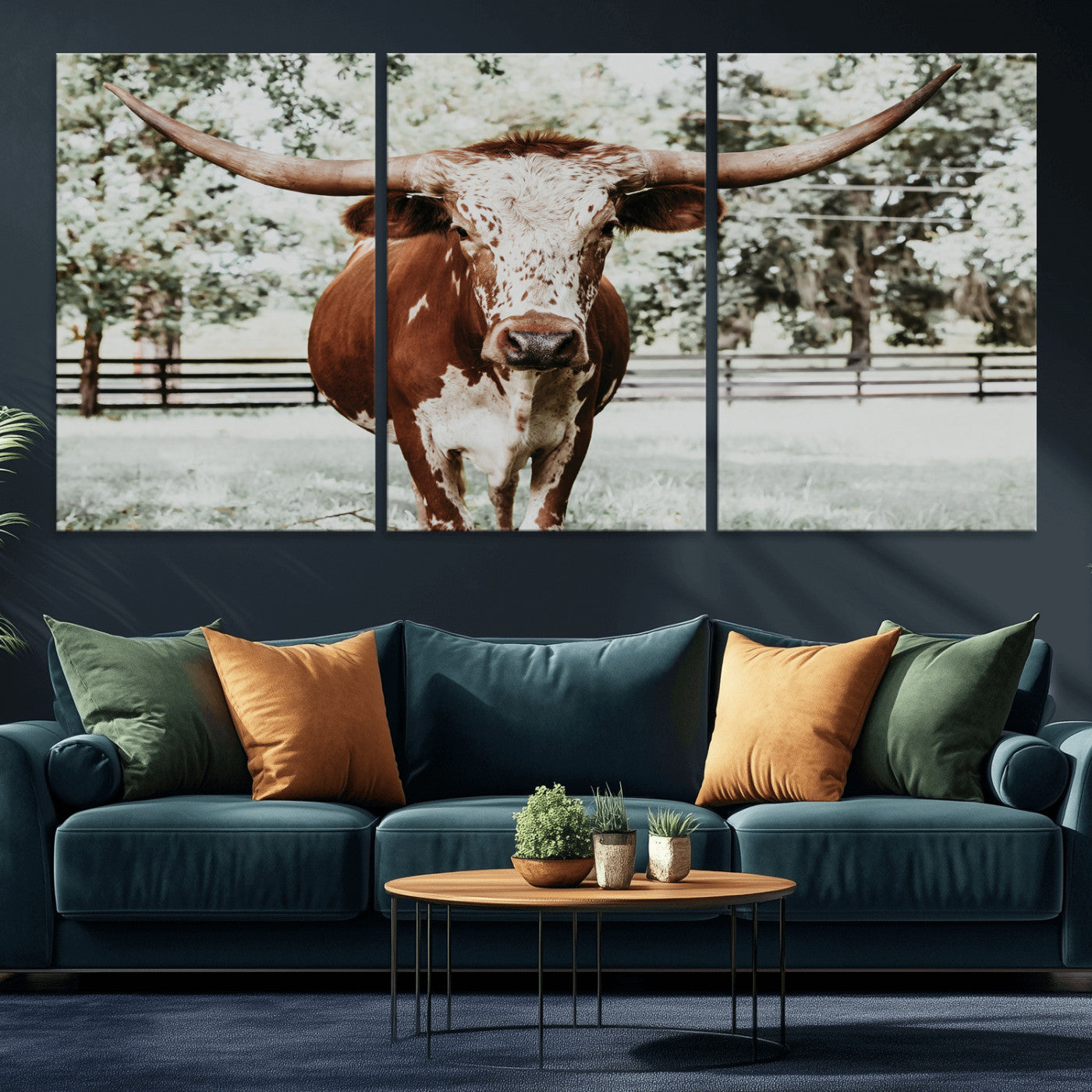 MGV-CV-60X30-3P - Texas Longhorn Wall Art Canvas Print, Framed Spotted Cow Art Picture Print, Horned Cattle Perfect Rustic Western Decor Artwork