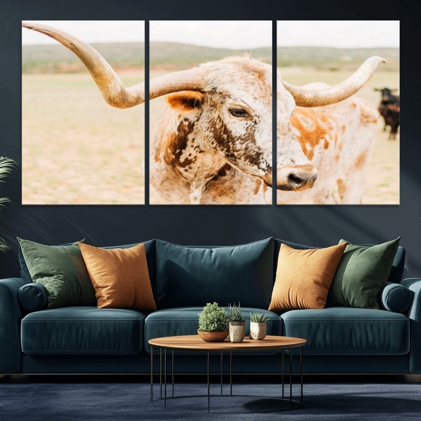 MGV-CV-60X30-3P - Texas Longhorn Wall Art Canvas Print, Framed Spotted Cow Art Picture Print, Horned Cattle Perfect Rustic Western Decor Artwork