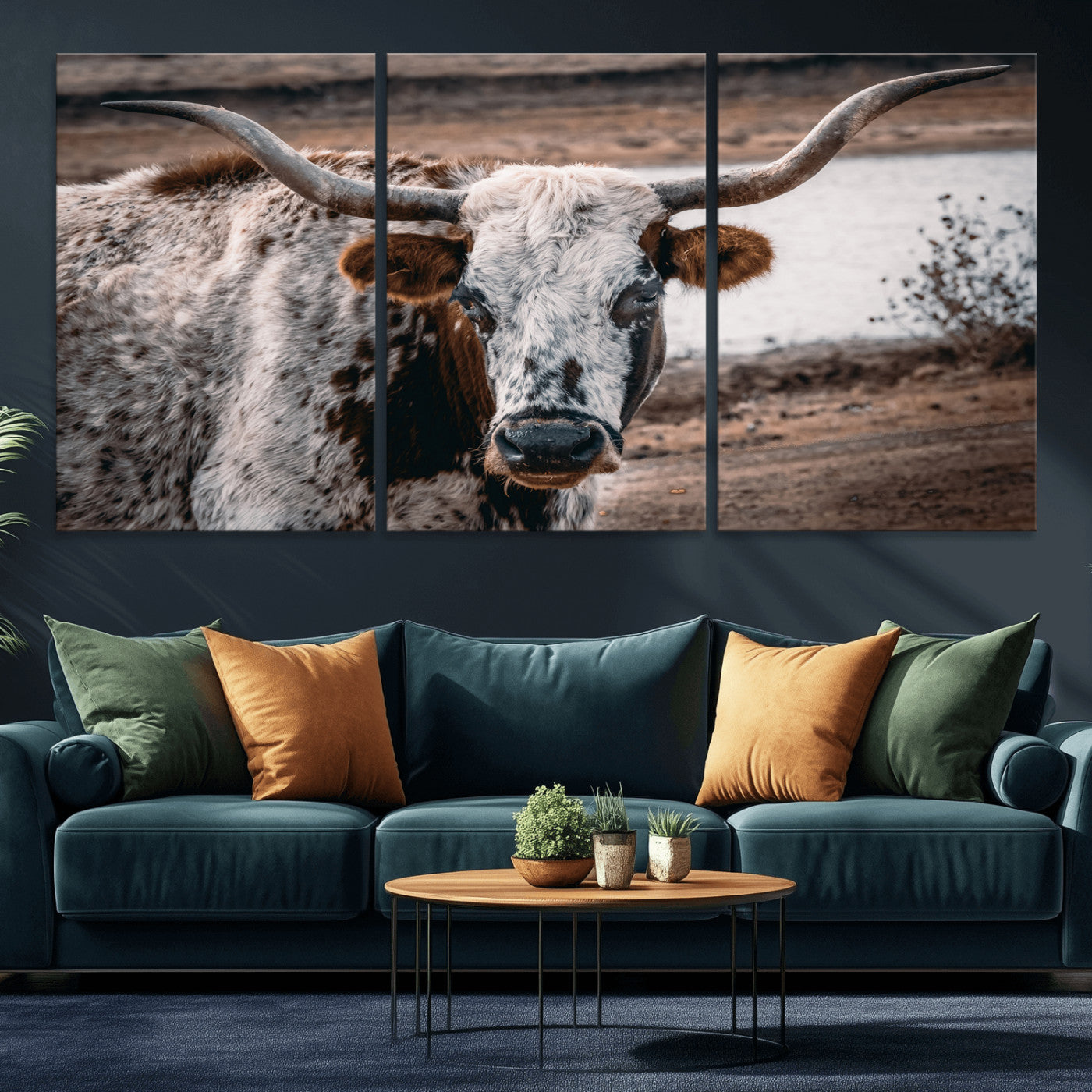 MGV-CV-60X30-3P - Texas Longhorn Wall Art Canvas Print, Framed Spotted Cow Art Picture Print, Horned Cattle Perfect Rustic Western Decor Artwork