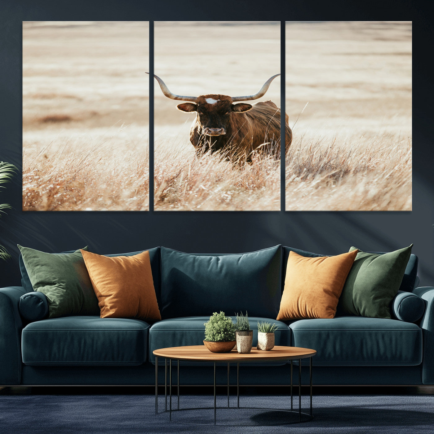 MGV-CV-60X30-3P - Texas Longhorn Wall Art Canvas Print, Framed Brown Cattle Art Picture Print, Horned Bull Perfect Rustic Western Decor Artwork