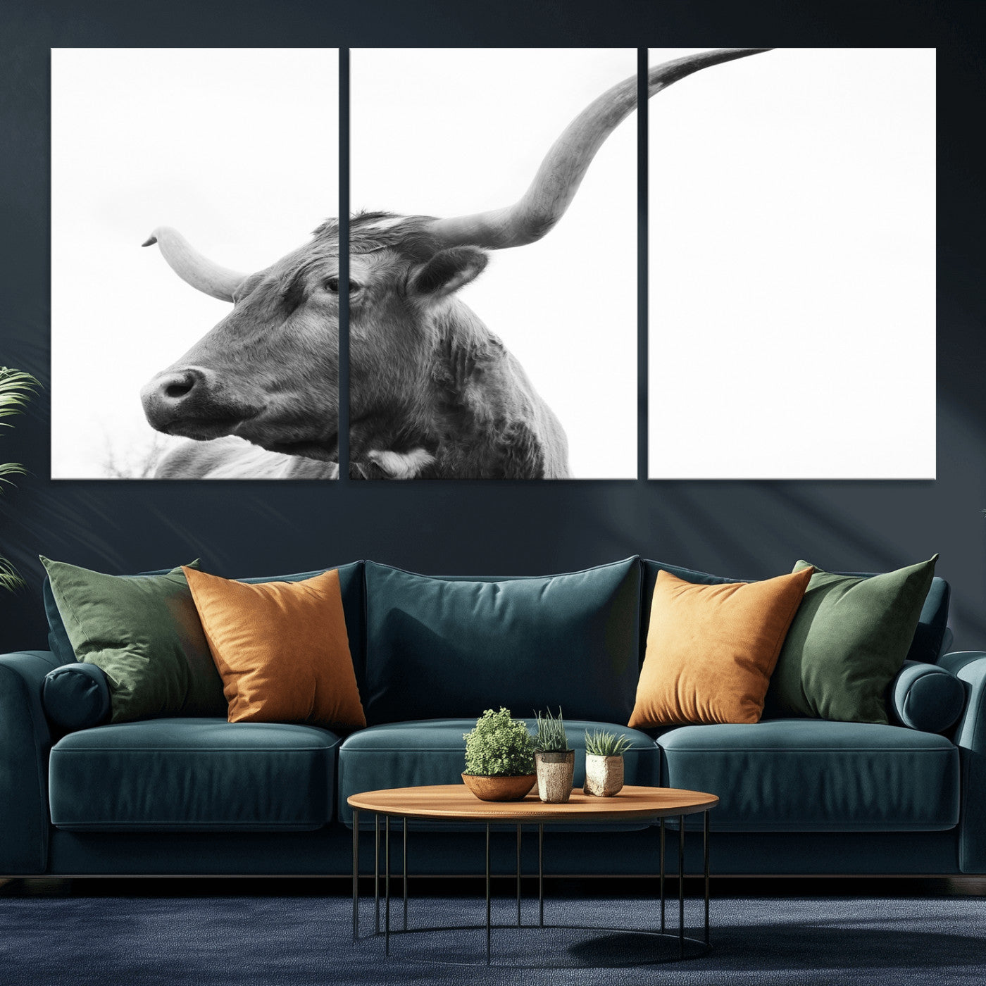 MGV-CV-60X30-3P - Longhorn Wall Art Wall Art Canvas Print, Framed Modern Ranch Style Art Art Picture Print, Monochrome Cow Print Perfect Rustic Western Decor Artwork