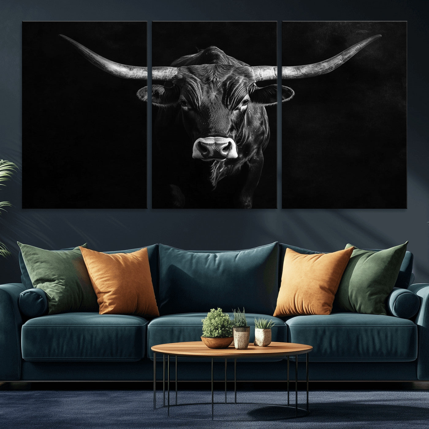 MGV-CV-60X30-3P - Texas Longhorn Wall Art Canvas Print, Framed Monochrome Bull Art Picture Print, Horned Bull Perfect Rustic Western Decor Artwork