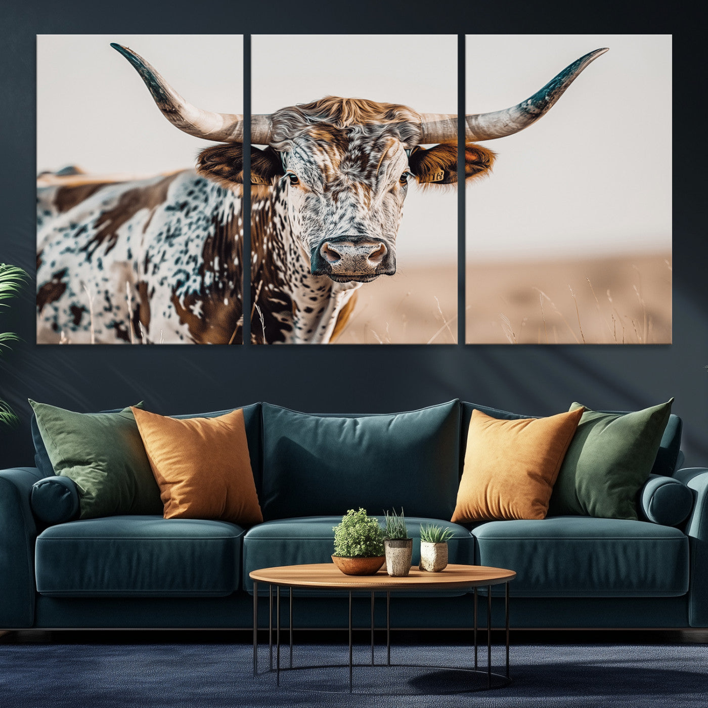 Canvas of a speckled Texas longhorn with wide curved horns and warm tones, perfect for rustic or country-style wall decor.