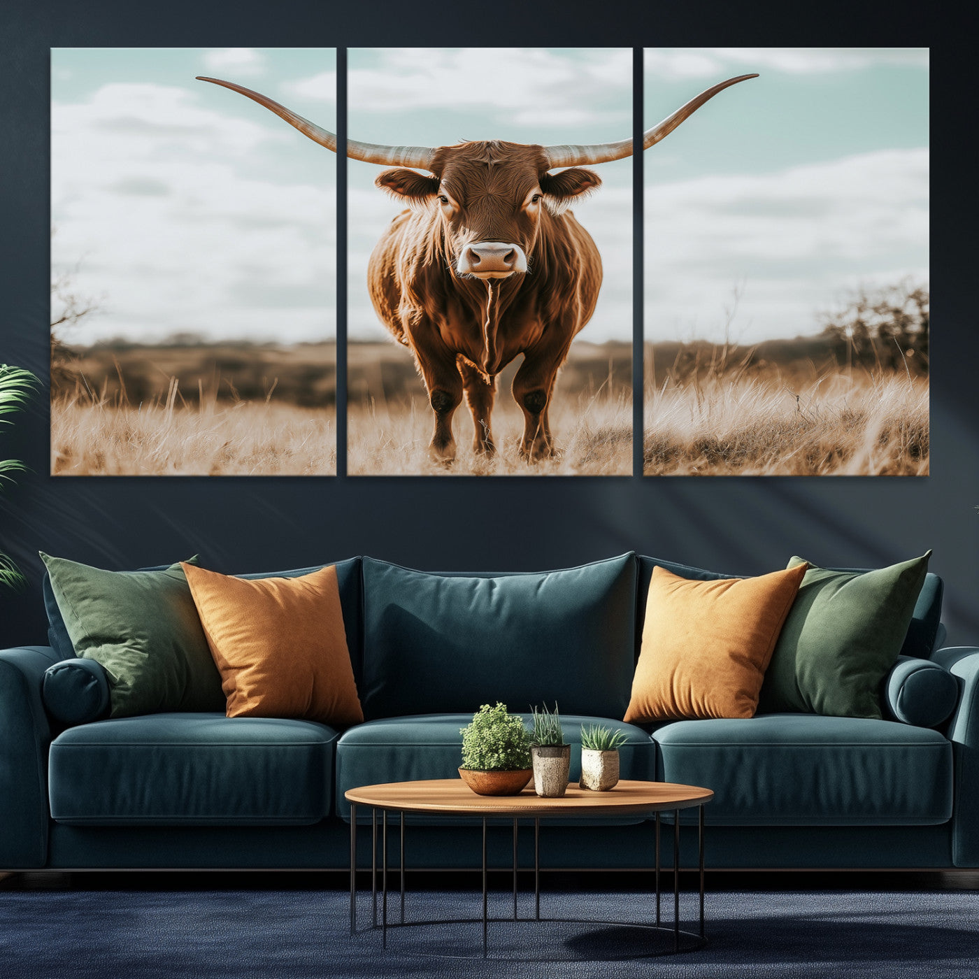 Texas Longhorn standing in a golden prairie under soft skies, ideal for rustic or western-style decor with warm natural tones.