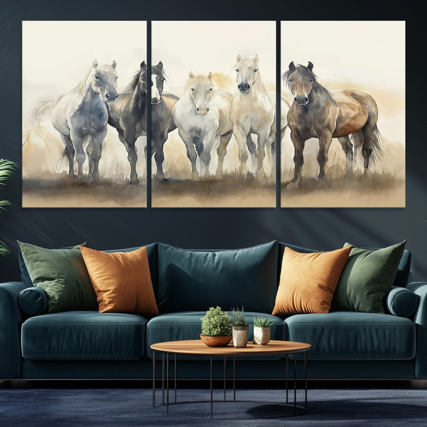 Watercolor illustration of five wild horses in soft neutral tones, perfect for rustic or western-style home decor with a calming natural vibe.