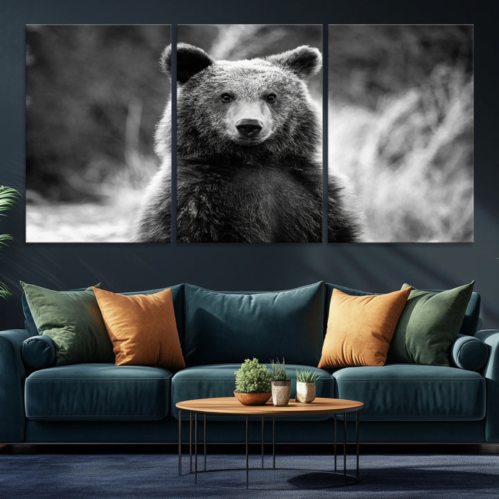 Grizzly Bear Wall Art Canvas Print, Framed Black White Bear Art Picture Print, Wild Bear Perfect Rustic Wildlife Decor
