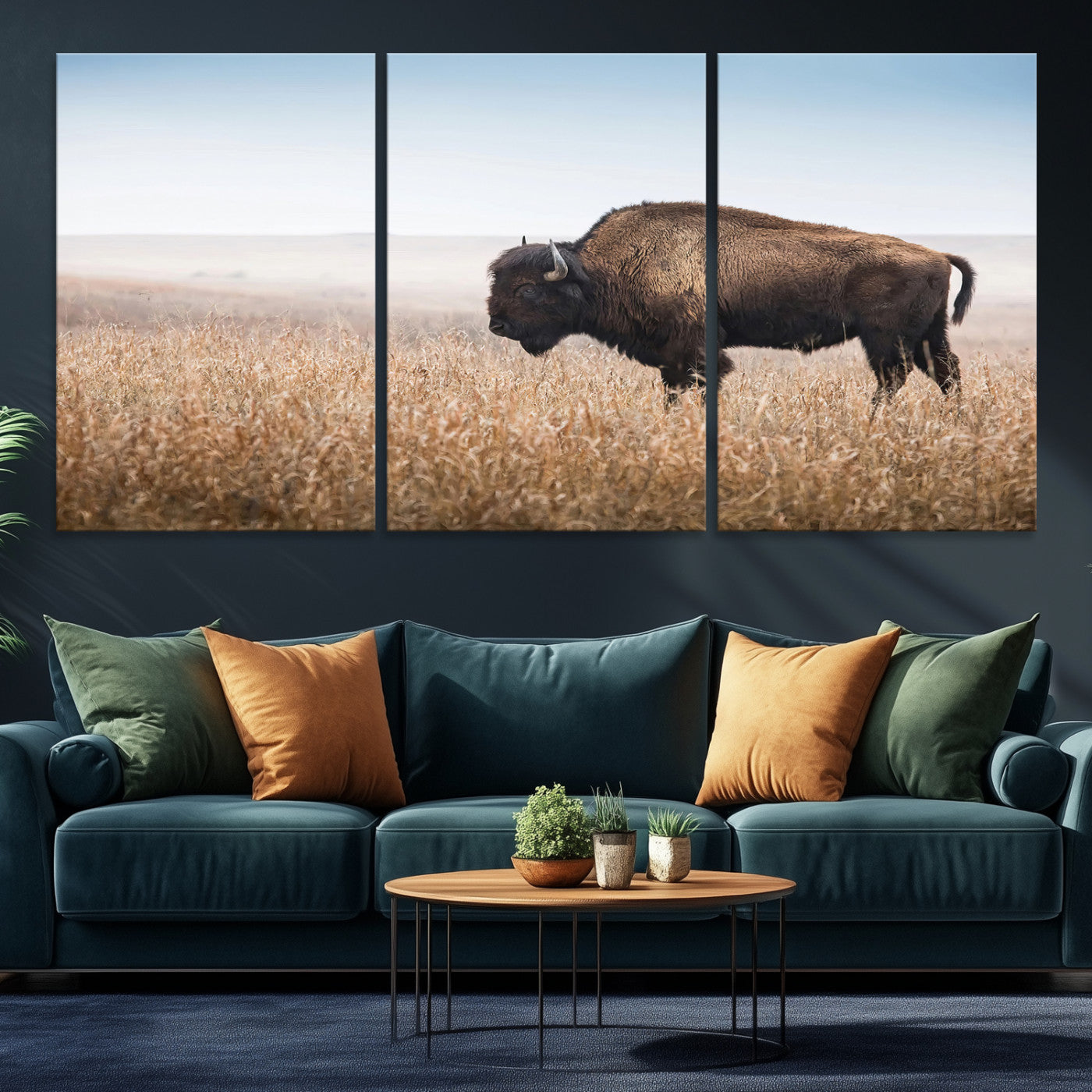 A solitary American bison stands in a dry grassland under soft skies, ideal for rustic or western-style home decor in warm neutral tones.