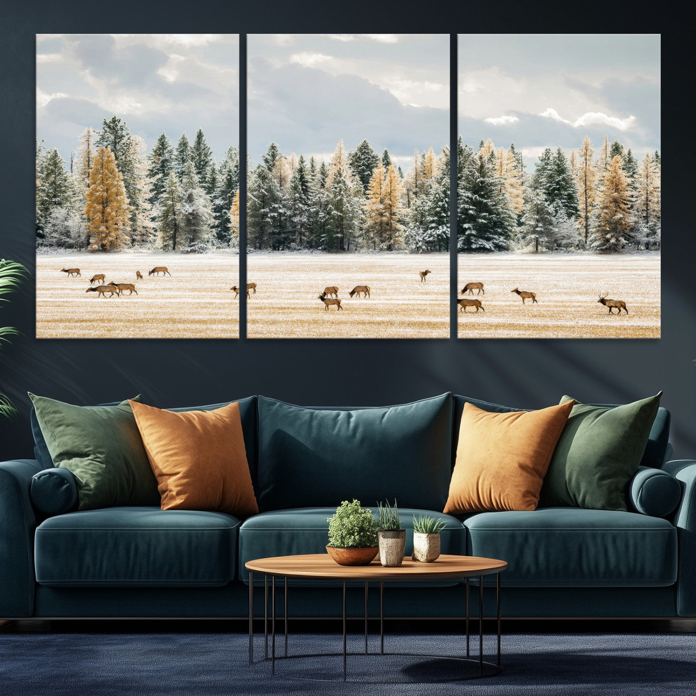 Elk herd in a snowy field with golden pine trees and frosted evergreens, ideal for neutral rustic or cabin-style home decor.