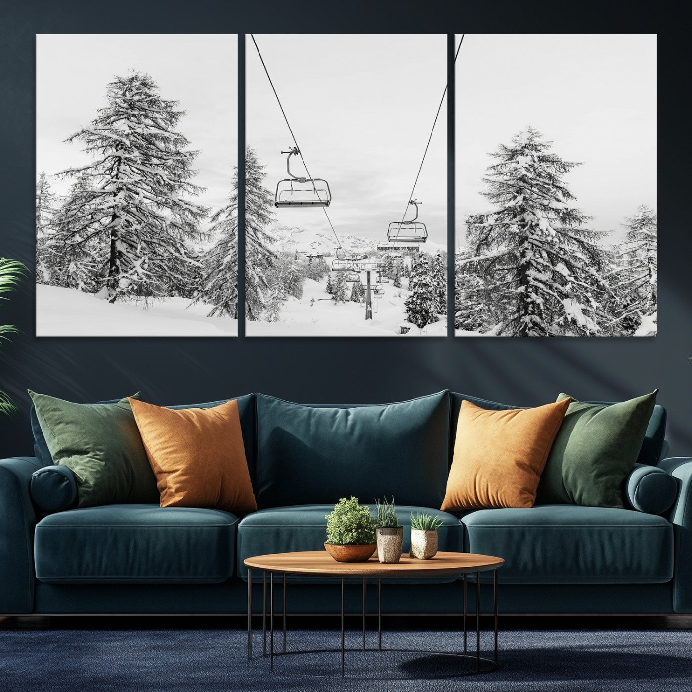 Black and white image of a ski lift amidst snow-covered pine trees, ideal for winter mountain or cabin-themed decor.