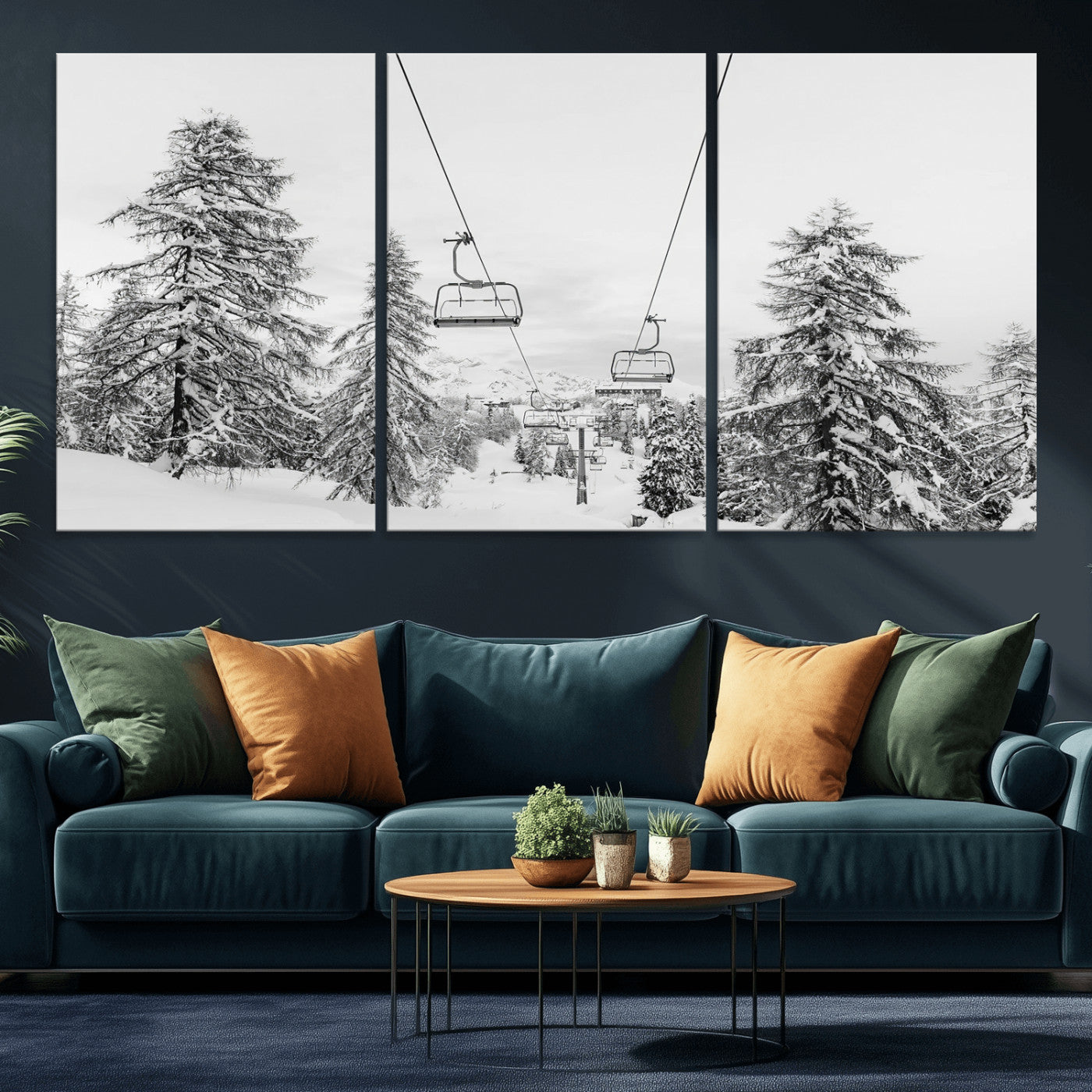 MGV-CV-60X30-3P - Wall Art Canvas Print Winter Chairlift Views Silent Snow-Covered Pines Mountain Calm Serenity Frozen