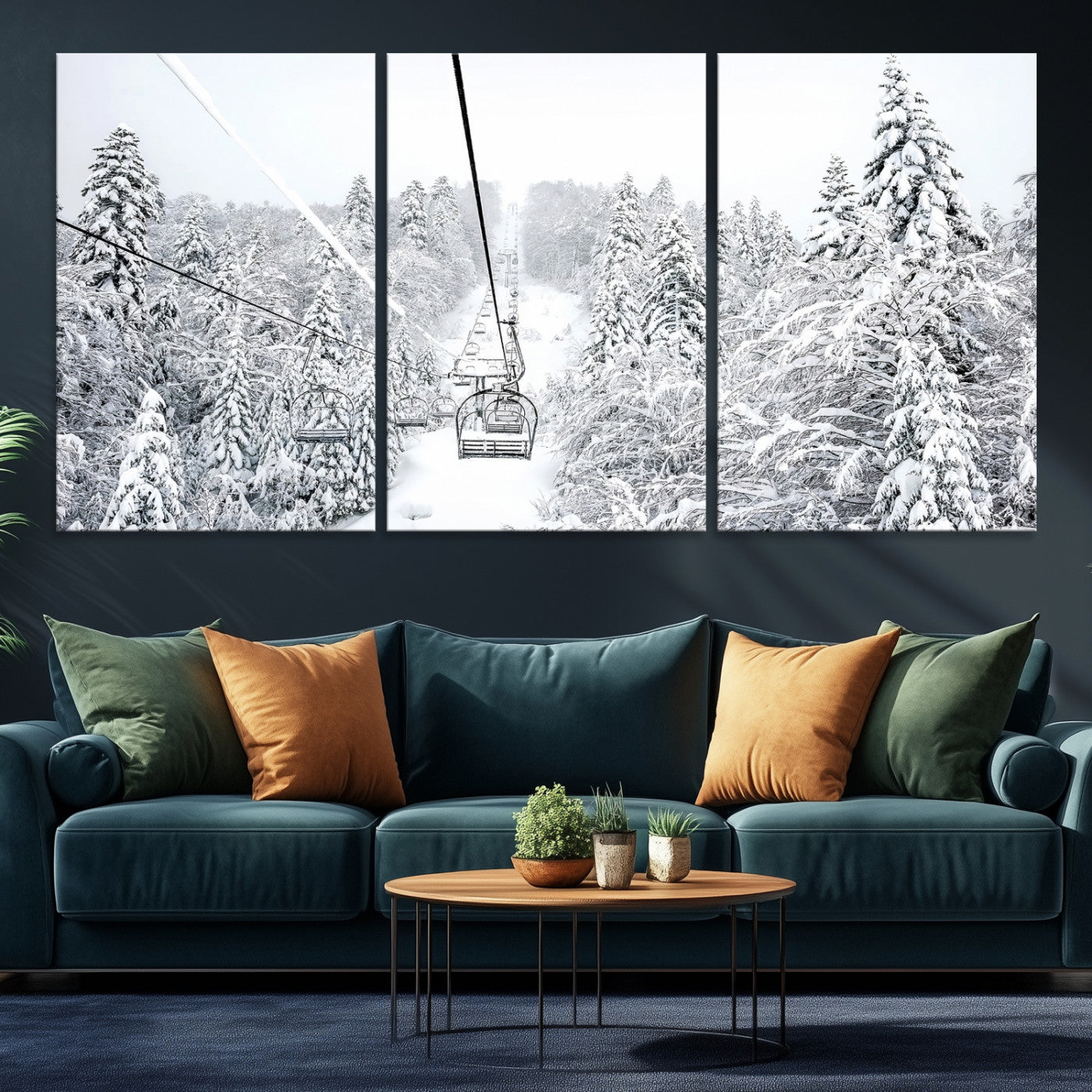 Snowy Mountains Wall Art Canvas Print, Framed Ski Lift Art Picture Print, Winter Forest Perfect Winter Minimalist Decor, Ski Lift Canvas