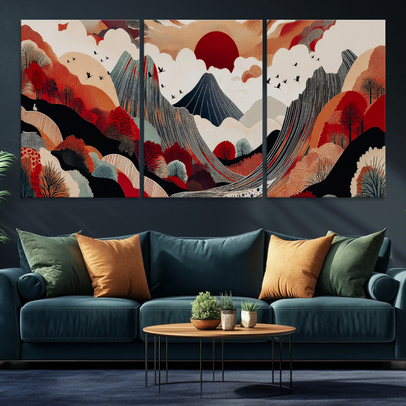 Abstract Mountain Wall Art Canvas Print, Framed Vibrant Landscape Art Picture Print, Stylized Nature Drawing Perfect Contemporary Minimalist